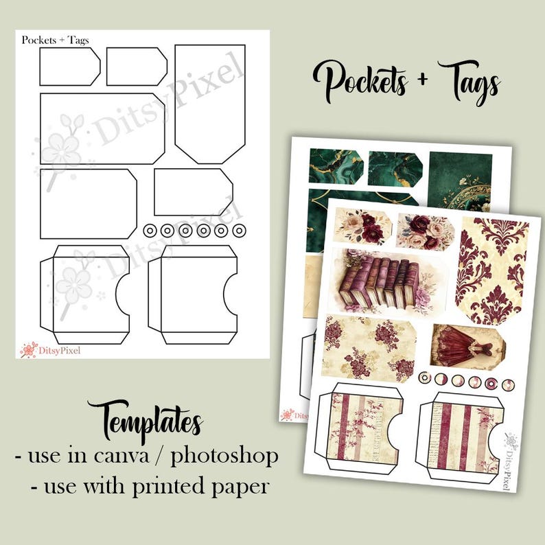 May include: Two sheets of paper with templates for pockets and tags. One sheet shows outlines of various shapes, while the other displays printed designs with floral and book motifs. Text reads "Pockets + Tags" and "Templates".