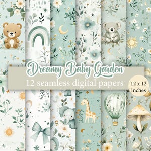 Dreamy Baby Garden - Confezione da 12 fogli di carta digitale senza soluzione di continuità, motivi ripetuti nei toni del salvia dell'acquarello con motivi per bambini e fiori