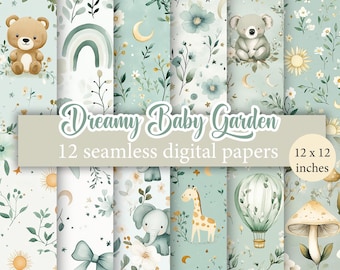 Dreamy Baby Garden – zestaw 12 bezszwowych cyfrowych papierów, akwarelowe odcienie szałwii, powtarzające się wzory z dziecięcymi motywami i kwiatami
