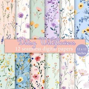 May include: Twelve digital papers featuring a variety of watercolour wildflowers in different colours and patterns. The papers are 12 inches by 12 inches.