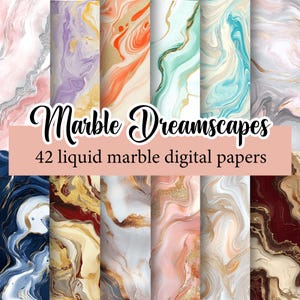 May include: A set of 42 digital papers featuring abstract liquid marble designs in various colors, including pink, blue, green, red, and gold. The papers are perfect for creating backgrounds, patterns, and textures for digital projects.