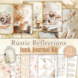 Rustic Reflections - Printable Vintage Beige Junk Journal Kit, 31 Pages Neutral Tones Digital Scrapbooking Pages