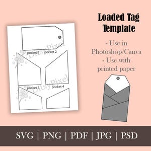 May include: A white paper template with tag and pocket designs, labeled "Loaded Tag Template." Includes instructions to use in Photoshop/Canva and with printed paper. File formats: SVG, PNG, PDF, JPG, PSD.