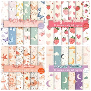 Może przedstawiać: Zestaw 12x12 calowych wzor&oacute;w papieru cyfrowego z czterema r&oacute;żnymi motywami: Pastel Tiny Wings, Berry Sweet Hearts, Coral Lullabies i Crescent Cuddles. Każdy motyw zawiera inny wz&oacute;r z uroczymi ilustracjami.