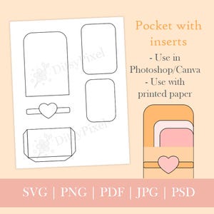 May include: A white paper with outlines of pocket inserts, a heart-shaped ring, and an envelope. The text "Pocket with inserts" and instructions are displayed. The image also includes the file types: SVG, PNG, PDF, JPG, and PSD.