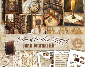 The Written Legacy - Printable Vintage Library Junk Journal Kit, Antique Books Digital Scrapbooking Pages
