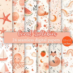 Coral Lullabies - Confezione da 24 fogli di carta digitale senza soluzione di continuità, motivi ripetuti nei toni del rosa corallo dell'acquerello con motivi per bambini e fiori