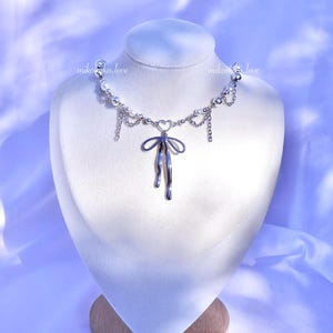 Dainty Silver Ribbon Necklace, Beaded Bow necklace, Coquette Bow necklace, Acubi necklace, silver bow necklace, elegant necklace, coquette