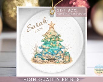 Custom Beach House Christmas Ornament with Name & Year, Coastal Christmas Tree Ornament, Nautical Holiday Gift, Ocean Lover Keepsake