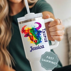 Personalized Zodiac Sign Taurus Travel Tumbler | Custom Name, Astrology Gift, Celestial Horoscope, Moon Sign,  Retrograde Tumbler with Straw