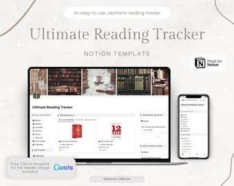 Op de afbeelding: Een laptop en een smartphone tonen een Notion-sjabloon voor een ultieme leestracker. Het sjabloon bevat secties voor boeken, auteurs, citaten, doelen, uitdagingen en acties. De kopfoto toont een boekenkast met boeken en een kopje koffie.