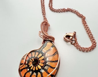 Handmade dichroic glass ammonite shaped pendant necklace wire-wrapped non-tarnish copper wire