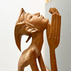 Vintage 20” Hand Carved Wooden Prayer or Offering Figurine Made in Indonesia | Indonesian Folk Art
