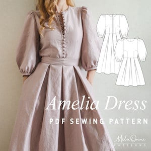 Amelia Midi Dress Sewing Pattern | Fitted Bodice, Puff Sleeves, Pleated Skirt | Wedding, Party, Cottagecore , Everyday Wear | Sizes XS-XL