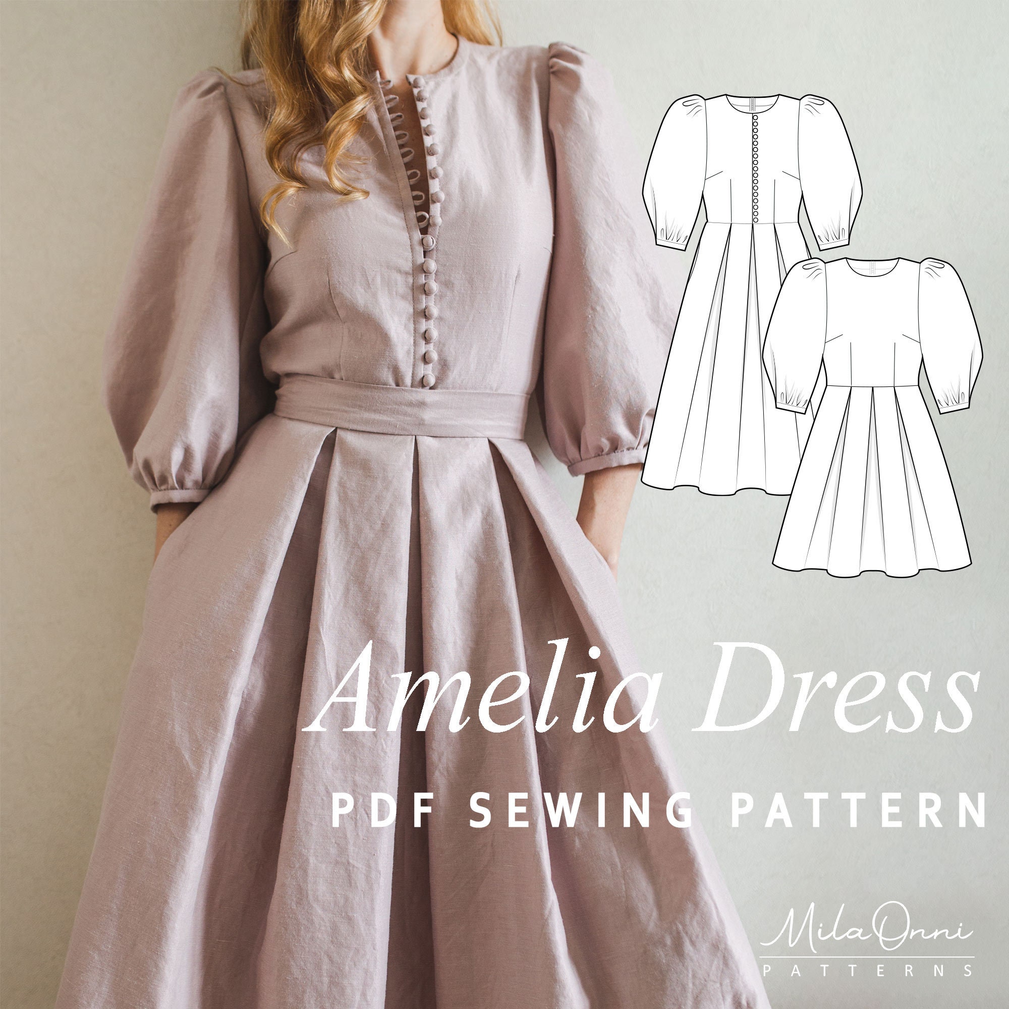 Amelia Midi Dress Sewing Pattern | Fitted Bodice, Puff Sleeves, Pleated Skirt | Wedding, Party, Cottagecore , Everyday Wear | Sizes XS-XL