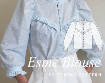 Esme Ruffled Blouse PDF Sewing Pattern | Puff Sleeve Victorian Blouse with Sewing Tutorial | Instant Download | Sizes XS-XL