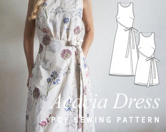 Acacia Wrap Effect Dress PDF Sewing Pattern | Sleeveless Vintage Dress, Resort Wear Linen Dress | Instant Download | Sizes XS-2XL