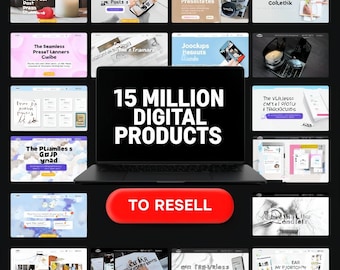 Op de afbeelding: Een laptopscherm waarop een collage van 15 miljoen digitale producten te zien is die te koop worden aangeboden. Het scherm is omringd door kleinere afbeeldingen van verschillende digitale producten, waaronder presets, afbeeldingen en sjablonen. De tekst "15 miljoen digitale producten om door te verkopen" wordt op het laptopscherm weergegeven.