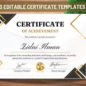May include: A white certificate with gold and black accents. The text "CERTIFICATE OF ACHIEVEMENT" is printed in black at the top. The certificate is presented to "Lidni Iman" in recognition of their outstanding dedication, perseverance, and excellence.