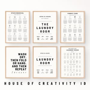 Può includere: Sei poster stampabili in bianco e nero per una lavanderia. I poster includono simboli di cura del bucato, consigli per rimuovere le macchie e il testo "The Laundry Room", "Laundry Room" e "Wash Dry. Then Fold or Hang. And Then Repeat Forever".