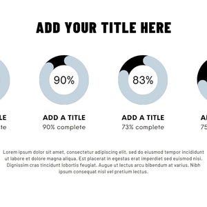 May include: A graphic with four progress circles showing percentages of completion. The circles are light blue with black outlines and black text. The text reads "ADD YOUR TITLE HERE", "85% complete", "90% complete", "73% complete", and "75% complete".