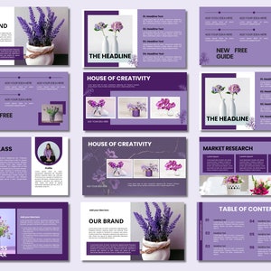 May include: Purple and white presentation slides with floral arrangements and text that reads "Our Brand", "House of Creativity", "Masterclass", "Business Webinar", "New Free Guide", "The Headline", "Market Research", and "Table of Content".