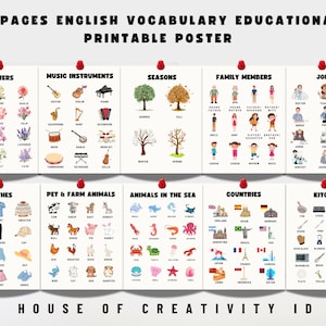 Pósters de vocabulario en inglés: Un conjunto colorido de pósteres educativos con animales, frutas, el alfabeto y números / Producto digital
