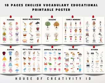 English Vocabulary Posters: Animals, Fruits, Alphabet - Classroom Decor (Digital Product)