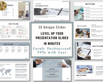 Puede incluir: Un conjunto de 30 diapositivas de presentación únicas con un esquema de color azul y gris. Las diapositivas presentan el texto "Level Up Your Presentation Slides in Minutes" y "Create Professional PPTs with Ease".