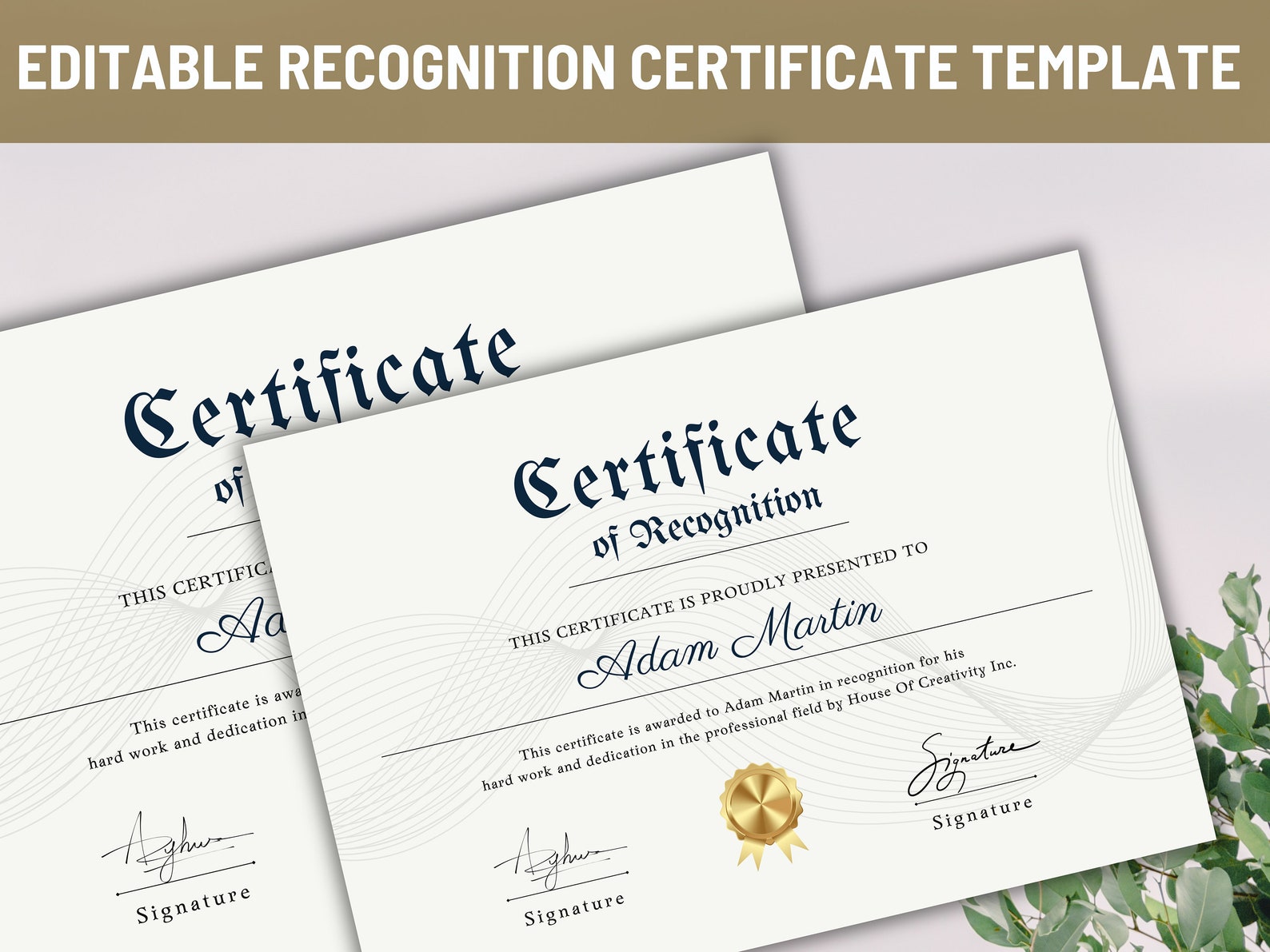 Editable Certificate of Recognition Template: White and Gold Design ...