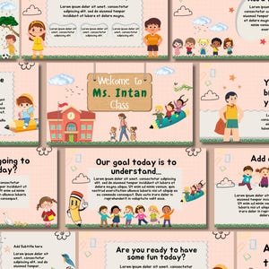Puede incluir: Una colección de ilustraciones infantiles coloridas sobre un fondo rosa. Las imágenes incluyen niños jugando, un edificio escolar y texto que dice "Welcome to Ms. Intan Class". El tema general es la educación y la diversión.