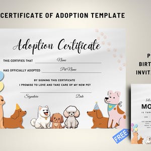 Vier je nieuwe harige vriend met een bewerkbaar adoptiecertificaat |  Adoptiecertificaat puppyfeestje, canvassjabloon, instant download