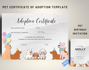 Editable Pet Adoption Certificate: Puppy Party Canva Template (Instant Download)