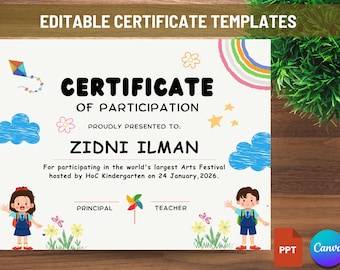 Editable Kindergarten Arts Festival Certificate Template (Digital Product)