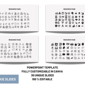 May include: Four white slides with black outlines of icons. Each slide has the text "Resource Page" at the top. The slides contain a variety of icons related to business, finance, and technology. The bottom of the image contains the text "PowerPoint Template", "Fully Customizable in Canva", "30 Unique Slides", and "100% Editable".