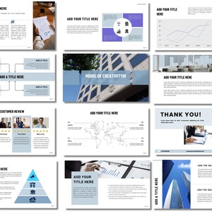 May include: A presentation template with a blue and white color scheme. The template includes a variety of slides with different layouts, including a title slide, a slide with a world map, a slide with a customer review section, and a slide with a thank you message. The template also includes a slide with a pyramid diagram and a slide with a building.