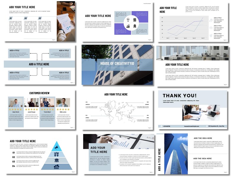 May include: A presentation template with a blue and white color scheme. The template includes a variety of slides with different layouts, including a title slide, a slide with a world map, a slide with a customer review section, and a slide with a thank you message. The template also includes a slide with a pyramid diagram and a slide with a building.