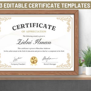May include: A certificate of appreciation with a gold border and floral accents. The certificate is given to Lidni Ilman for his achievement in the field of education. The text "Certificate of Appreciation" is printed in black at the top of the certificate.