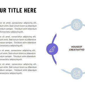 May include: A diagram with a purple circle containing a pencil icon, a light blue circle containing a globe icon, a purple circle containing a tablet icon, and a light blue circle containing a person icon. The text "HOUSEOF CREATIVITYID" is in the center of the diagram.
