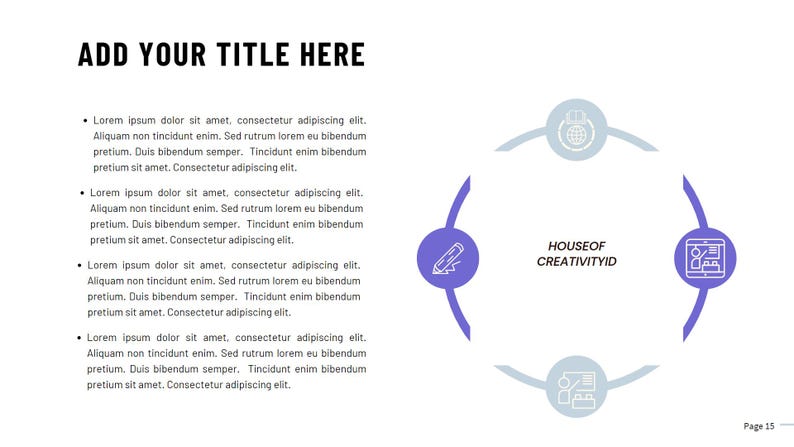 May include: A diagram with a purple circle containing a pencil icon, a light blue circle containing a globe icon, a purple circle containing a tablet icon, and a light blue circle containing a person icon. The text "HOUSEOF CREATIVITYID" is in the center of the diagram.