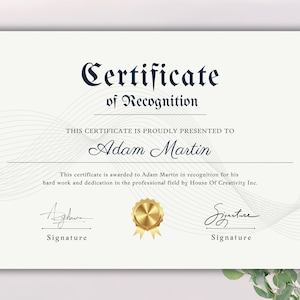 Op de afbeelding: Een wit certificaat van erkenning met een gouden zegel en zwarte tekst. Het certificaat wordt uitgereikt aan Adam Martin voor zijn harde werk en toewijding op professioneel gebied door House Of Creativity Inc.