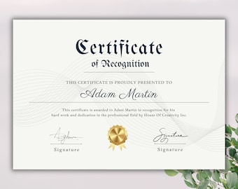 Editable Certificate of Recognition Template: White and Gold Design (Canva & PowerPoint)