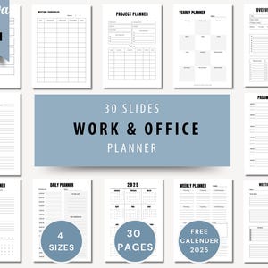 May include: A digital planner with 30 slides for work and office organization. The planner includes pages for meeting schedules, project planning, yearly planning, to-do lists, password tracking, monthly planning, daily planning, weekly planning, and meeting minutes. The planner also includes a free 2025 calendar.