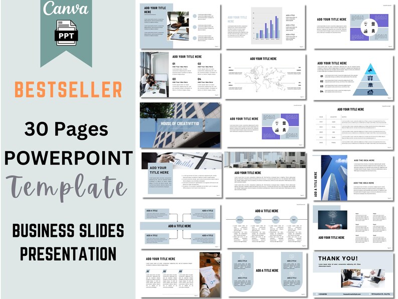 May include: A 30-page PowerPoint template for business presentations. The template features a modern design with a blue and gray color scheme. The slides include various layouts for text, images, charts, and graphs. The template is perfect for businesses looking to create professional and engaging presentations.