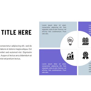 May include: A purple and gray infographic with four sections. Each section has a different icon: a lightbulb, a book, a bar graph, and a medal. The text "ADD YOUR TITLE HERE" is at the top of the infographic.