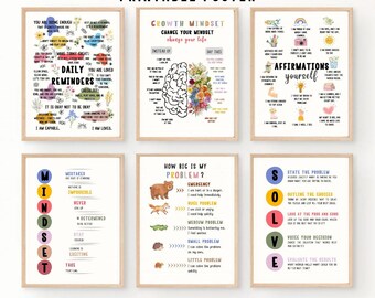 Growth Mindset Affirmations Poster Bundle, Watercolor Floral Rainbows (A3 Size)