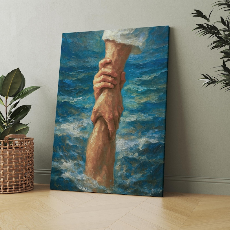 Faith and Rescue Poster, Jesus Reaching Hand Painting, Christian Wall ...