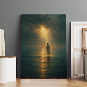 May include: A canvas print depicts a figure in a white robe walking on water towards a bright light. The artwork features a serene ocean scene under a dramatic sky with golden sunlight streaming through the clouds, creating a spiritual atmosphere.