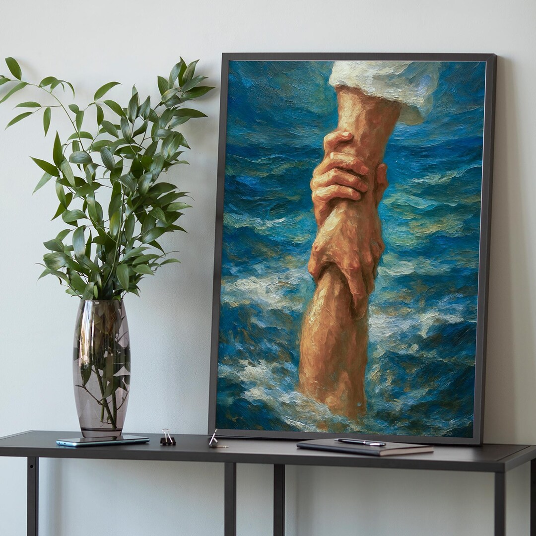 Faith and Rescue Poster, Jesus Reaching Hand Painting, Christian Wall ...