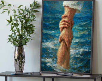 Faith and Rescue Poster, Jesus Reaching Hand Painting, Christian Wall Art of Saving Grace in Ocean, Spiritual Gift for Prayer Room Decor